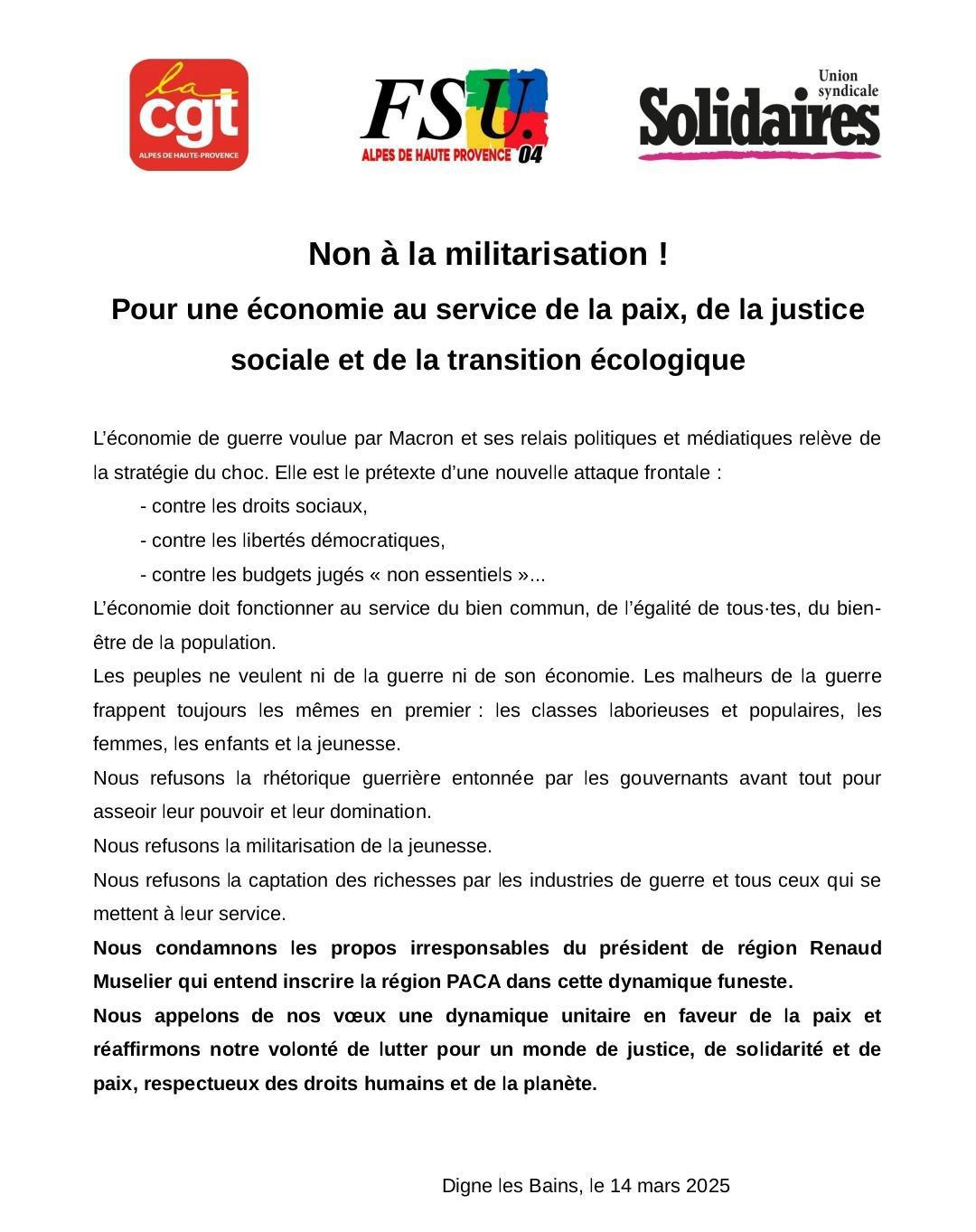 Communiqué intersyndical : Non à la militarisation 