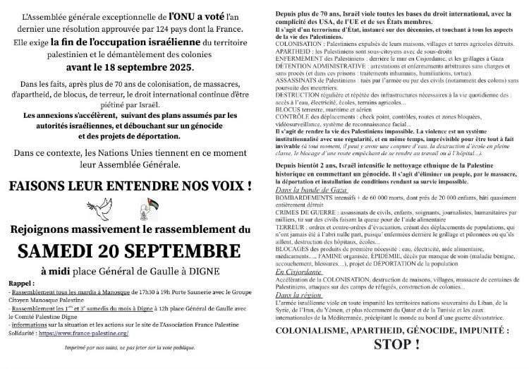 🇵🇸 🕊️RDV samedi 20 Septembre à Digne 