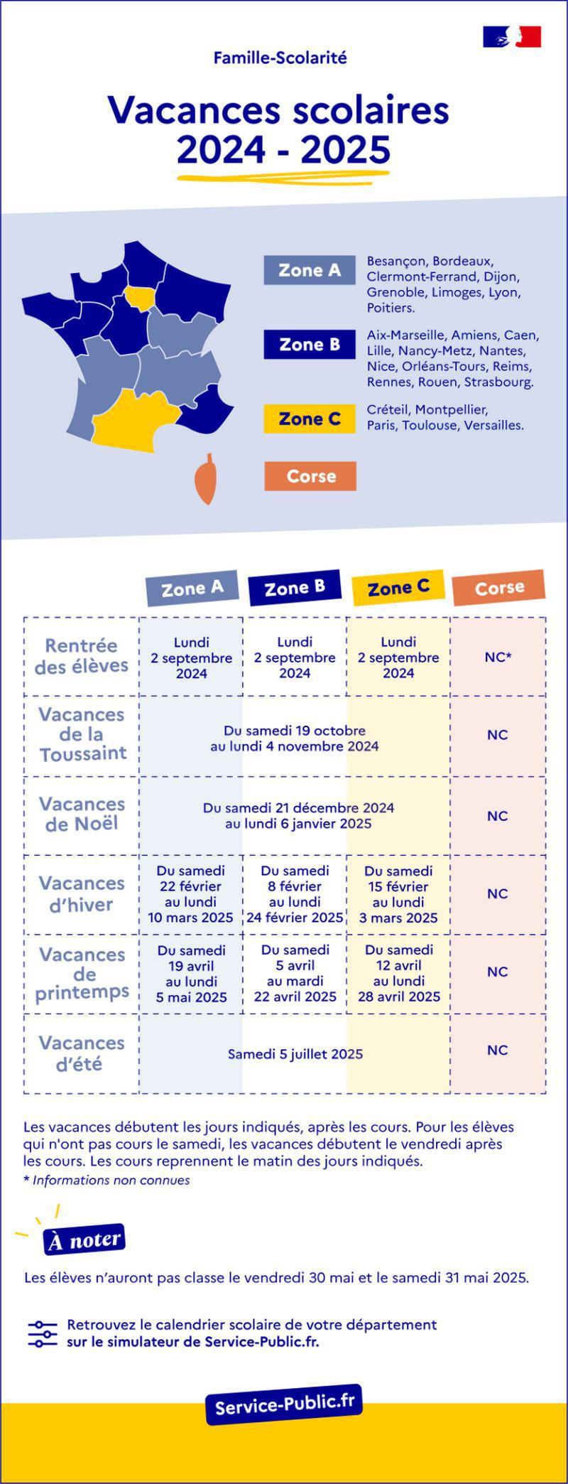 Calendrier vacances scolaires 2024 / 2025