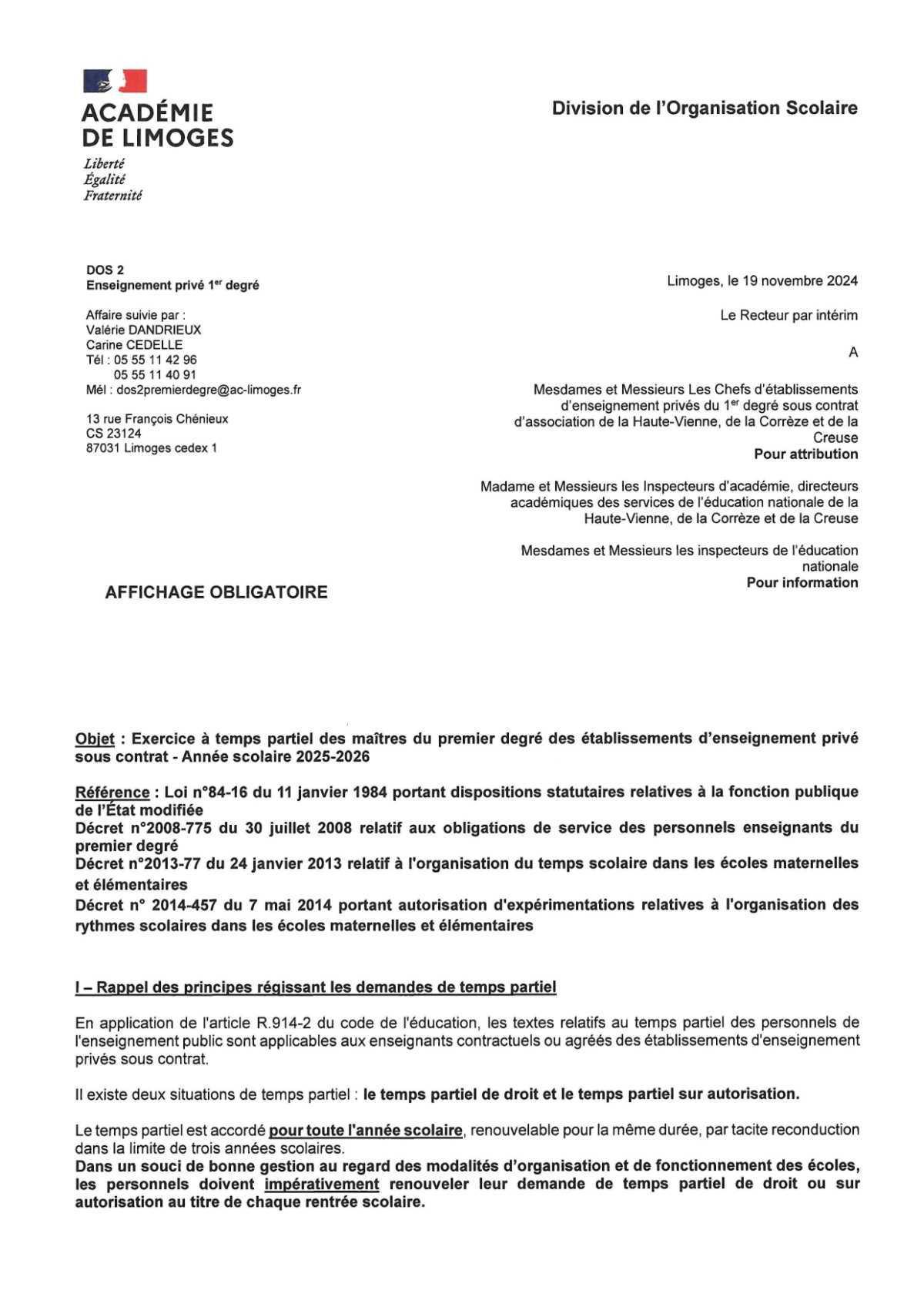 CIRCULAIRE Temps partiel pour l'année 2025-2026