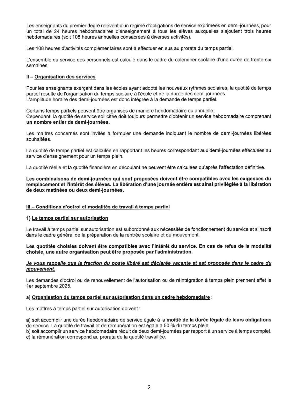 CIRCULAIRE Temps partiel pour l'année 2025-2026