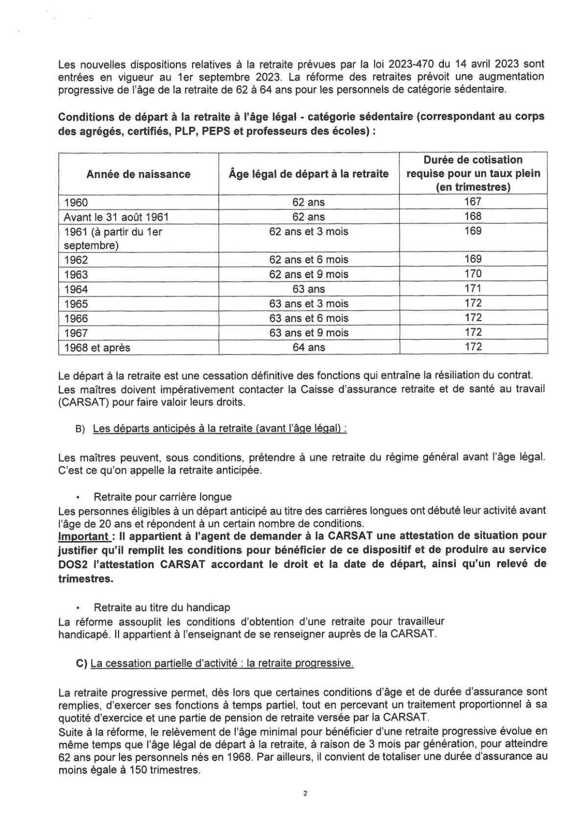 CIRCULAIRE Retraite 2025