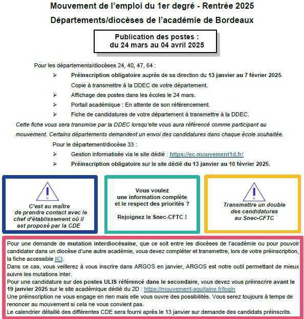 Mouvement de l'Emploi 1er degré, le calendrier 2025