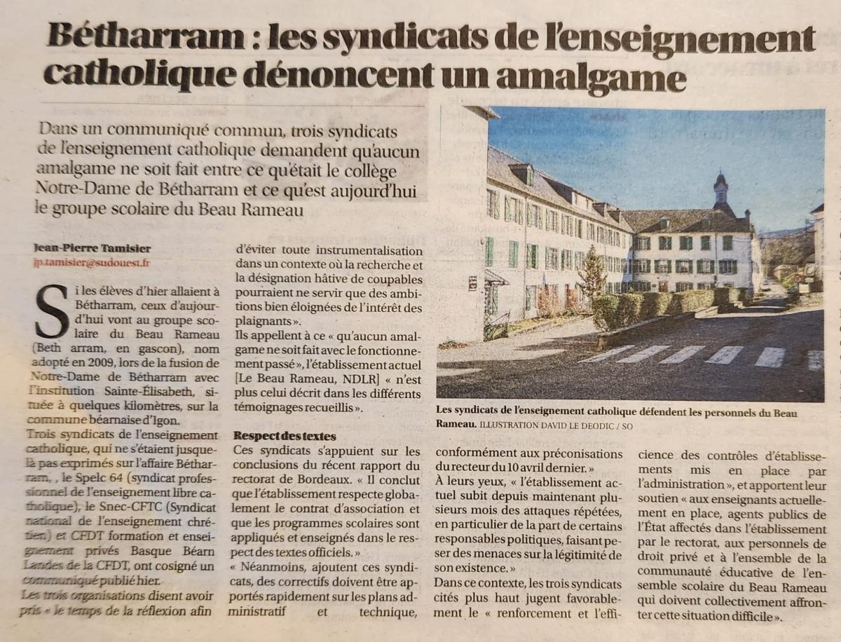 Communiqué de presse : Affaire Bétharram, les syndicats de l’établissement s’expriment Communiqué de presse : Affaire Bétharram, les syndicats de l’établissement s’expriment