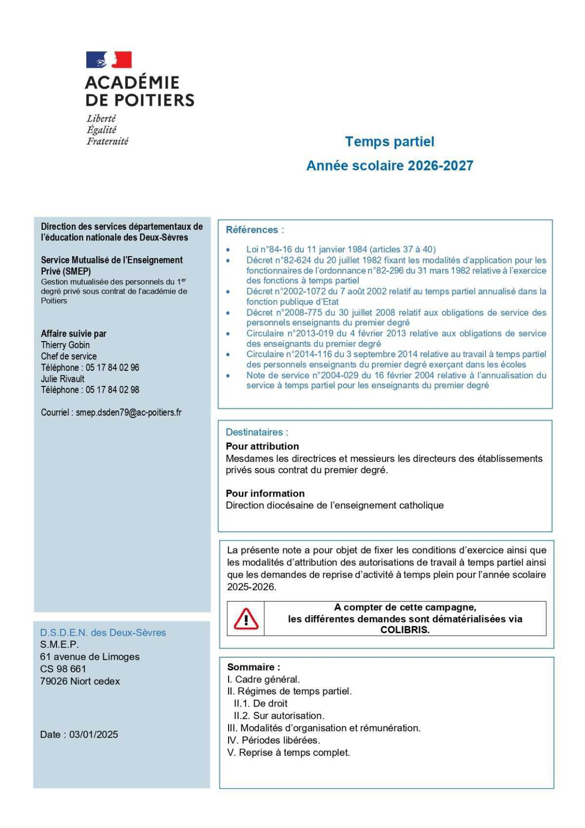 TEMPS PARTIEL ou retour à TEMPS COMPLET 1D