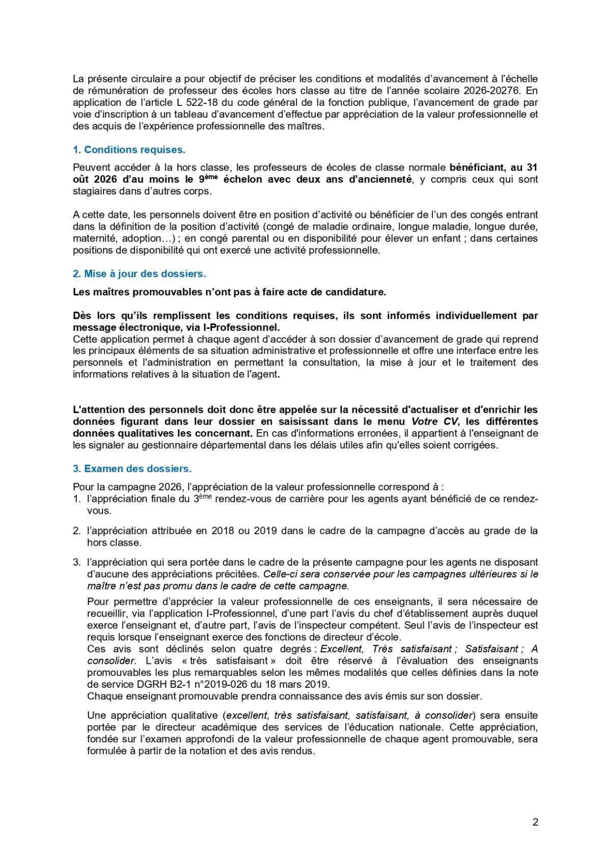 Circulaire Passage à la HORS-CLASSE 1er degré