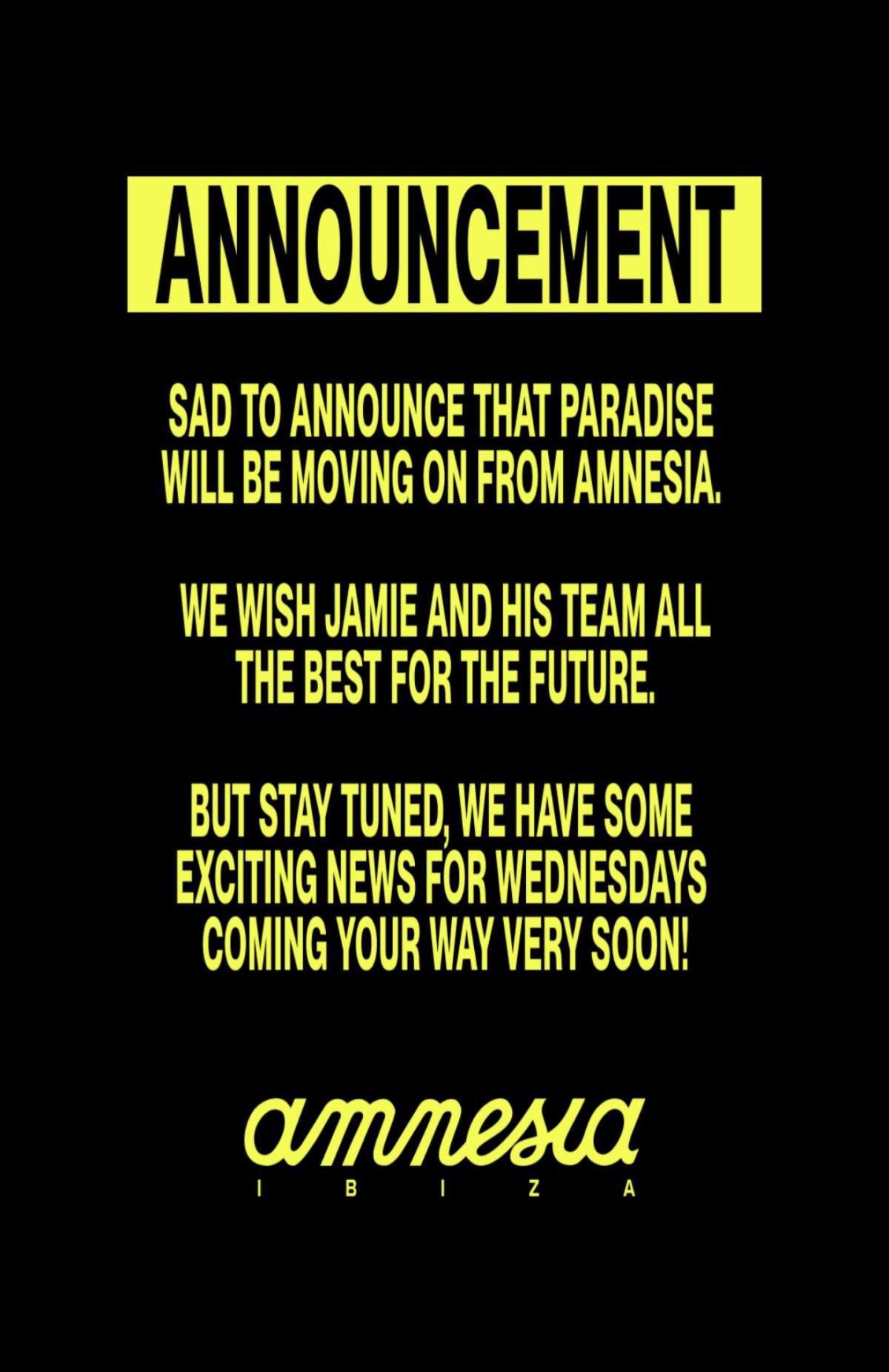 Paradise will be moving from Amnesia