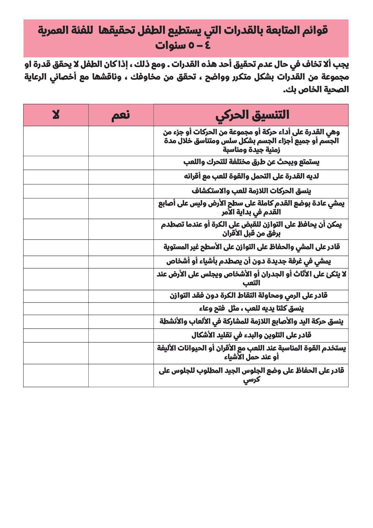 قوائم متابعة من الولادة وحتى الخمس سنوات