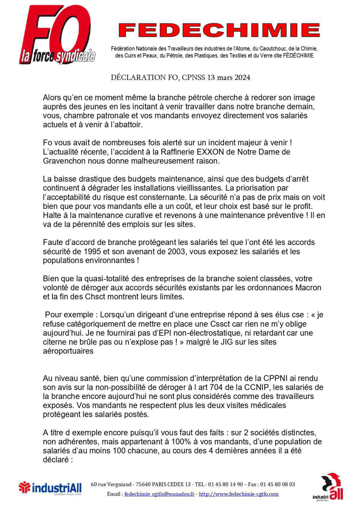 Branche Pétrole / Déclaration