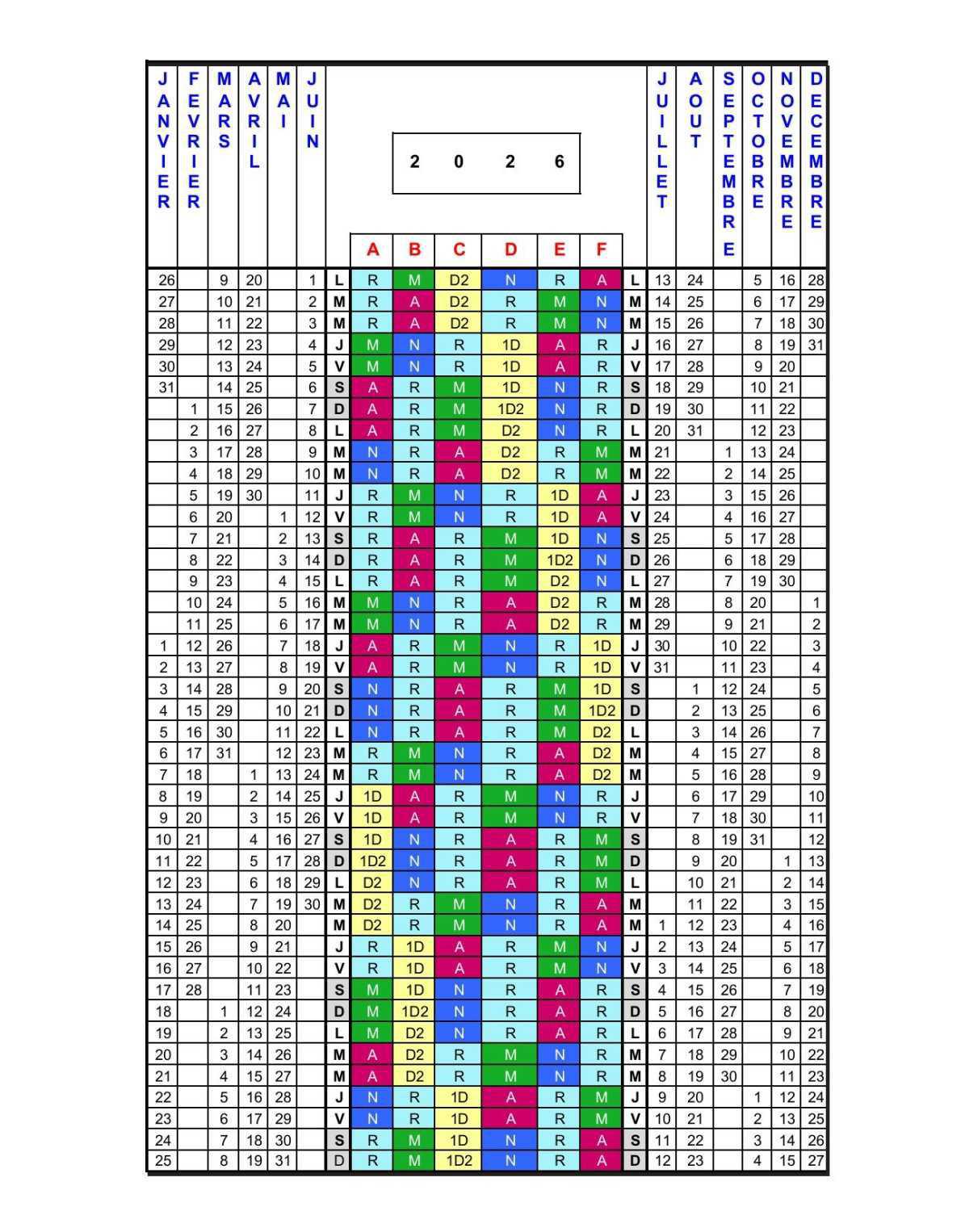 Calendrier de quart 3x8 2026