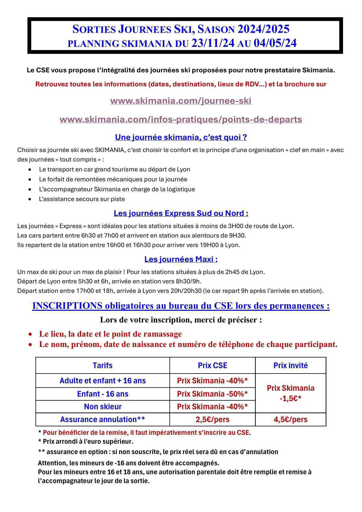 Journées ski, planning 2024/2025
