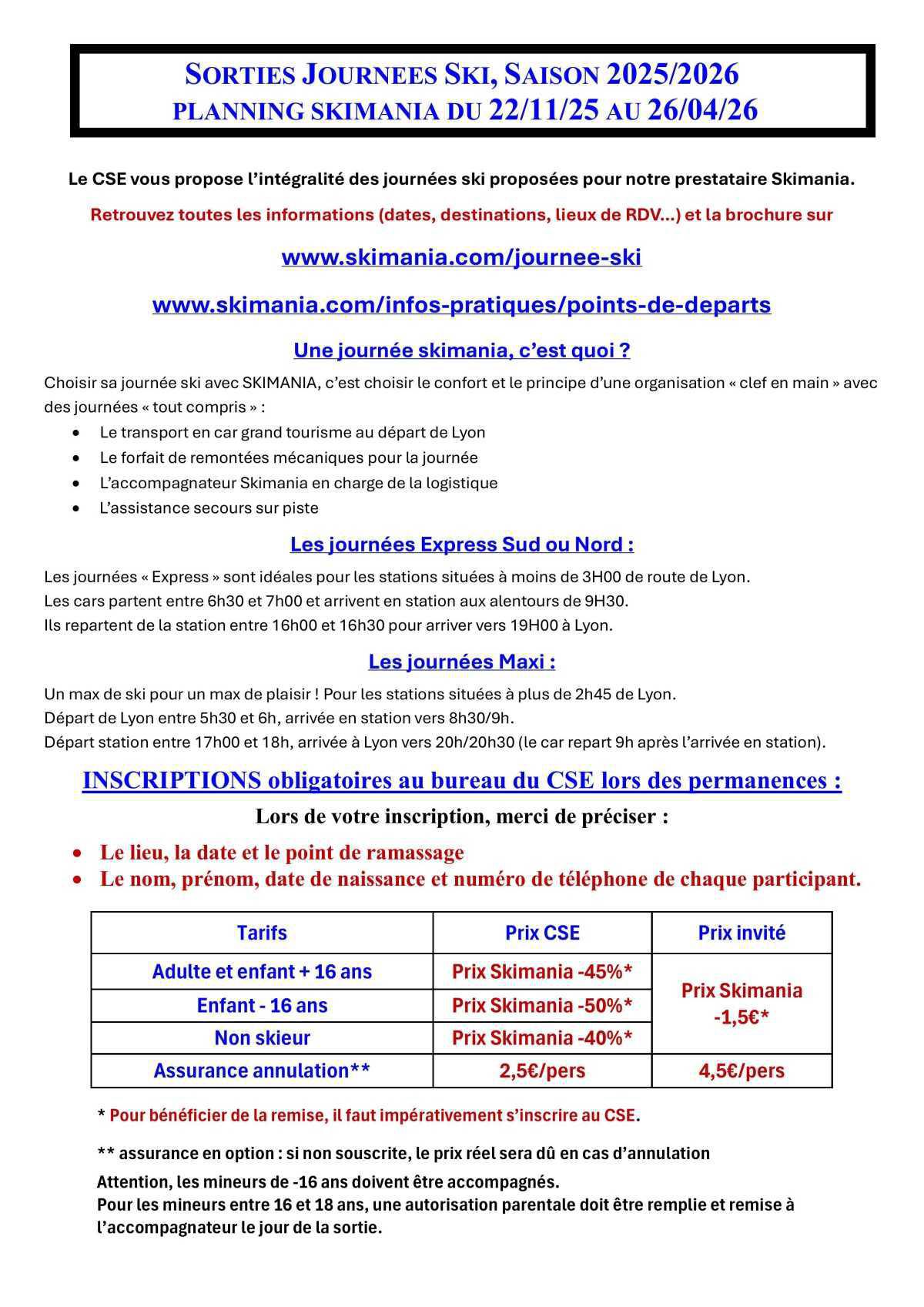 Journées ski, planning 2025/2026