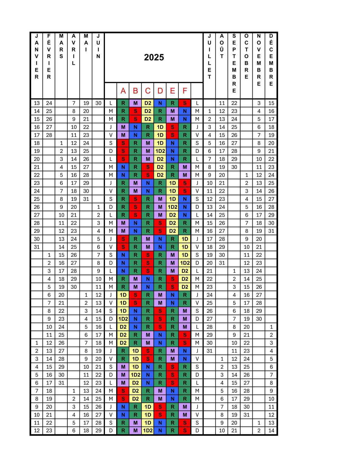 Calendrier de quart 3x8 2025