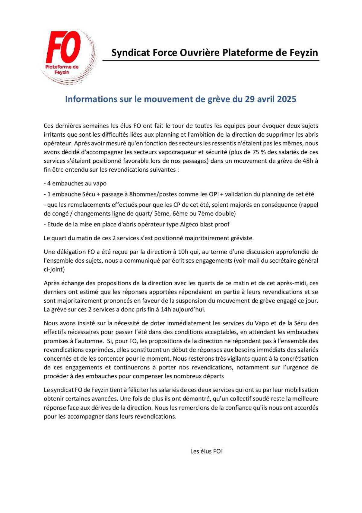 Informations mouvement grève 29 avril