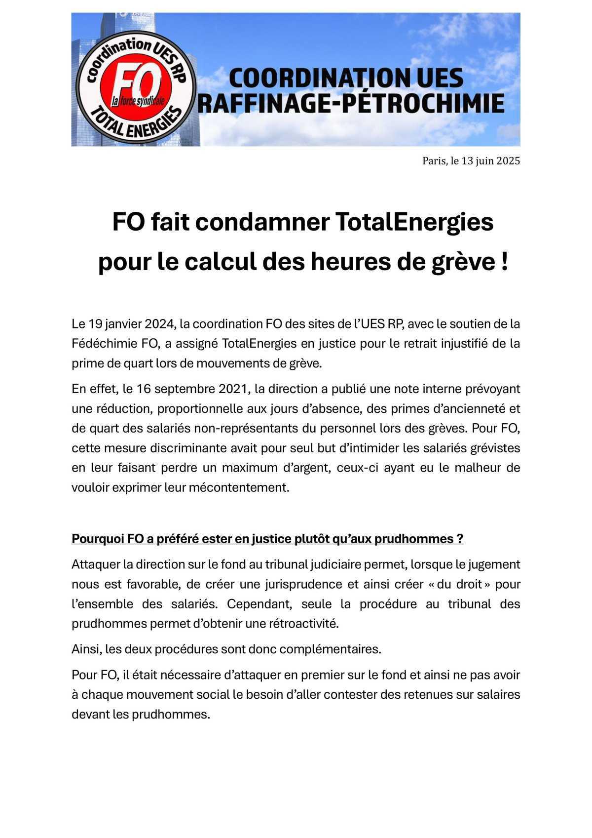 FO fait condamner TotalEnergies pour le calcul des heures de grève !