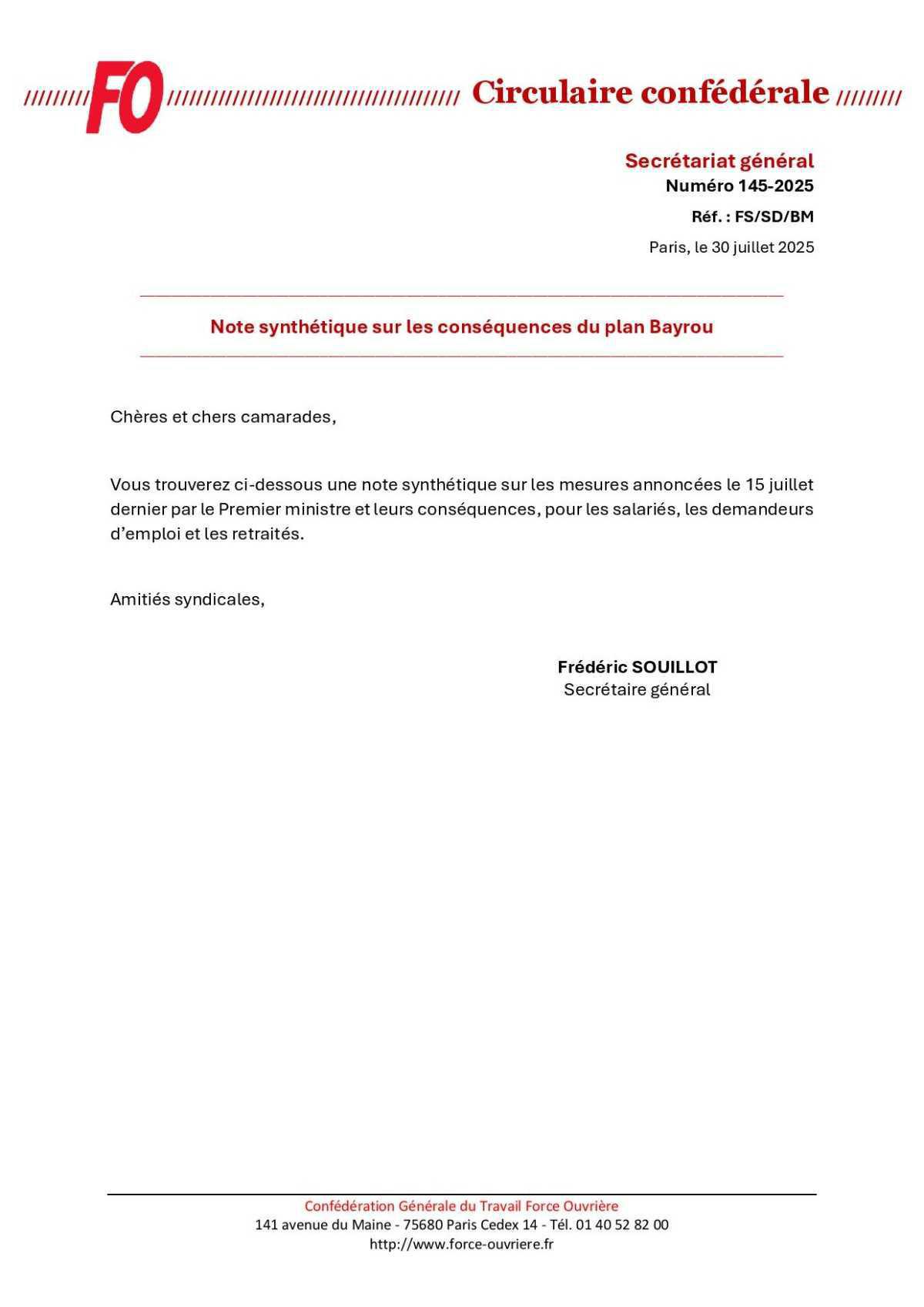 Note synthétique sur les conséquences du plan Bayrou