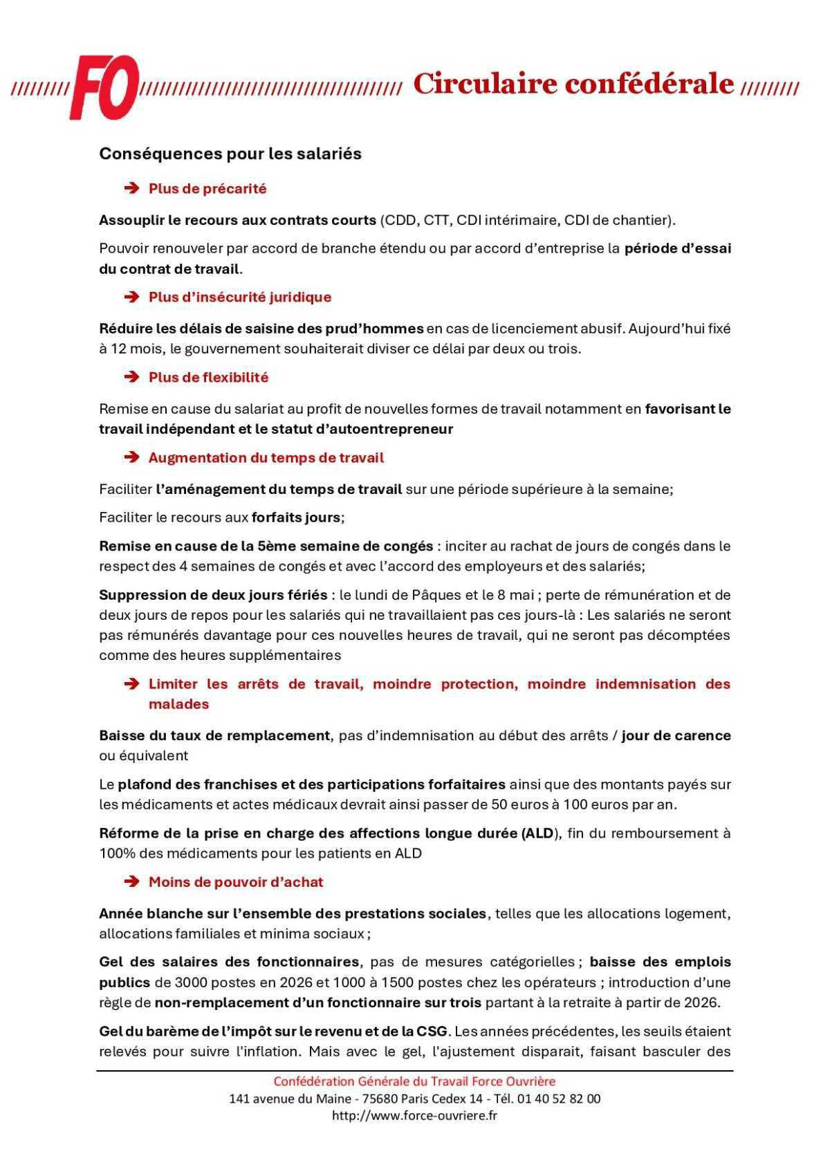 Note synthétique sur les conséquences du plan Bayrou