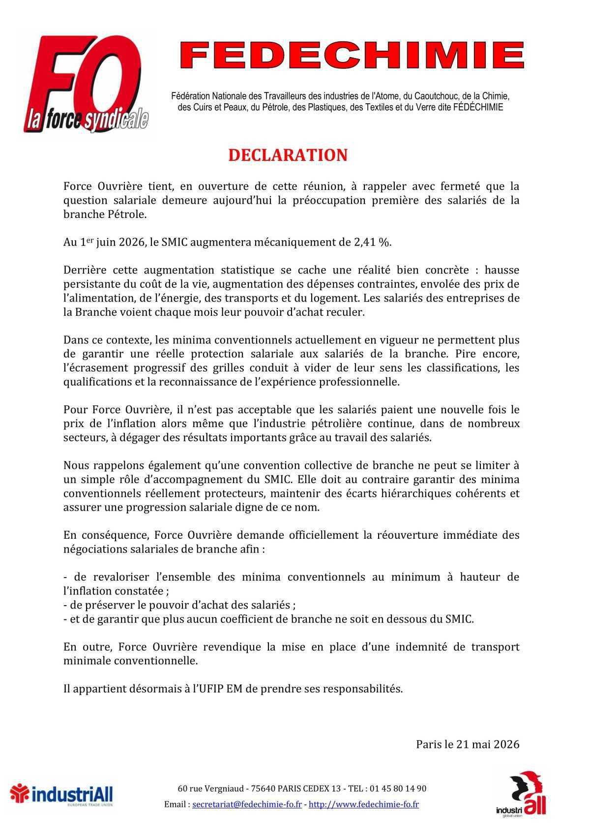 FO demande une réouverture de négociation salariale à l'UFIP