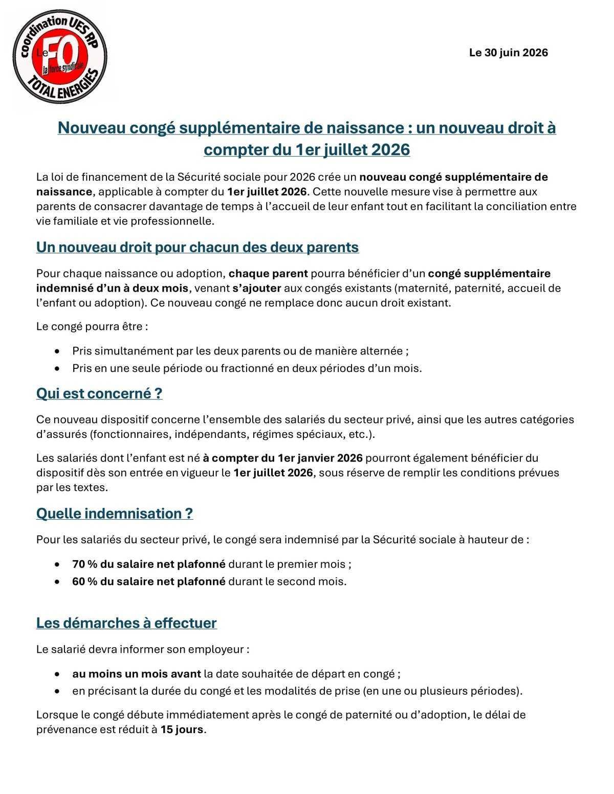 Nouveau congé supplémentaire de naissance