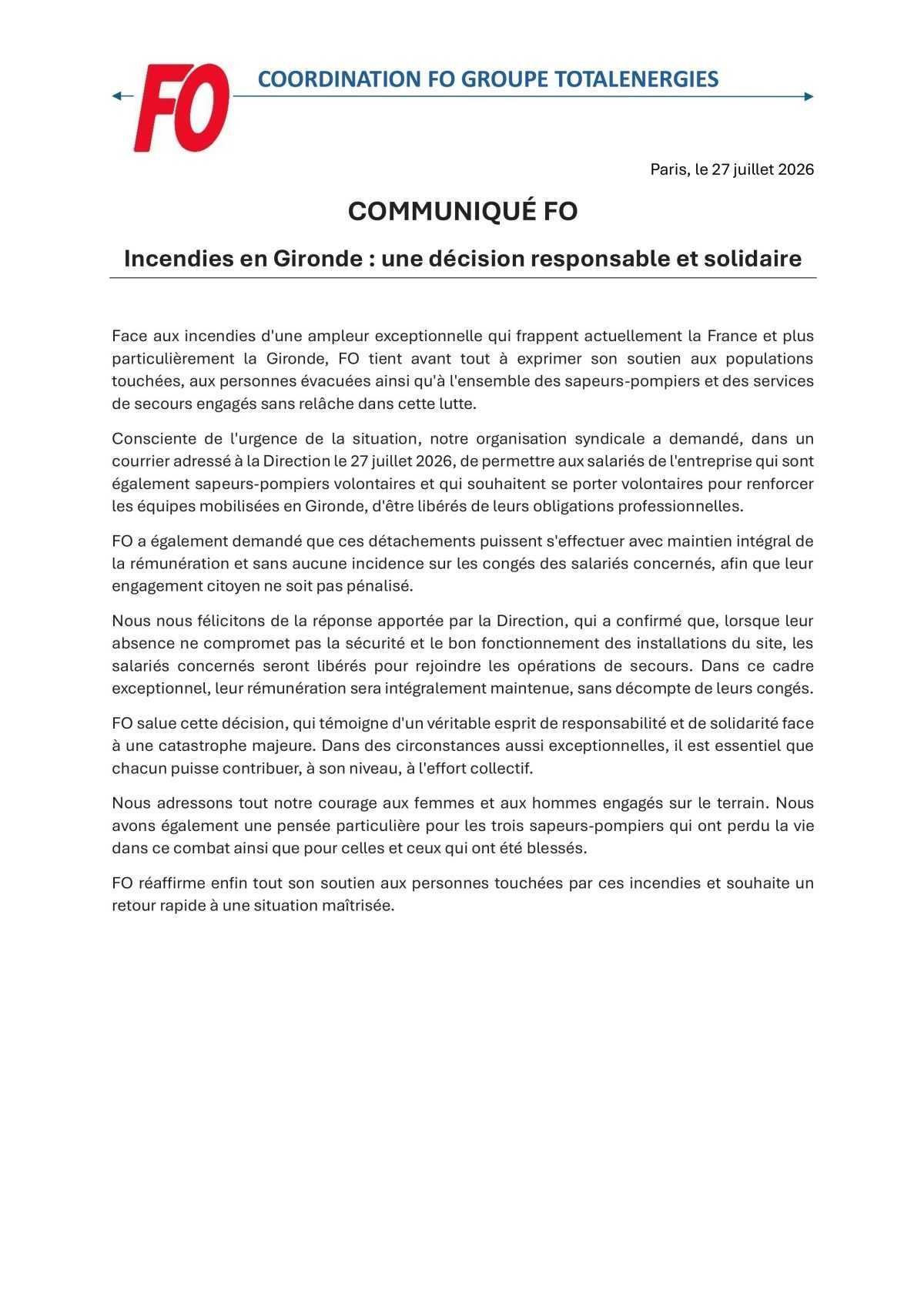 Incendies en Gironde : une décision responsable et solidaire 