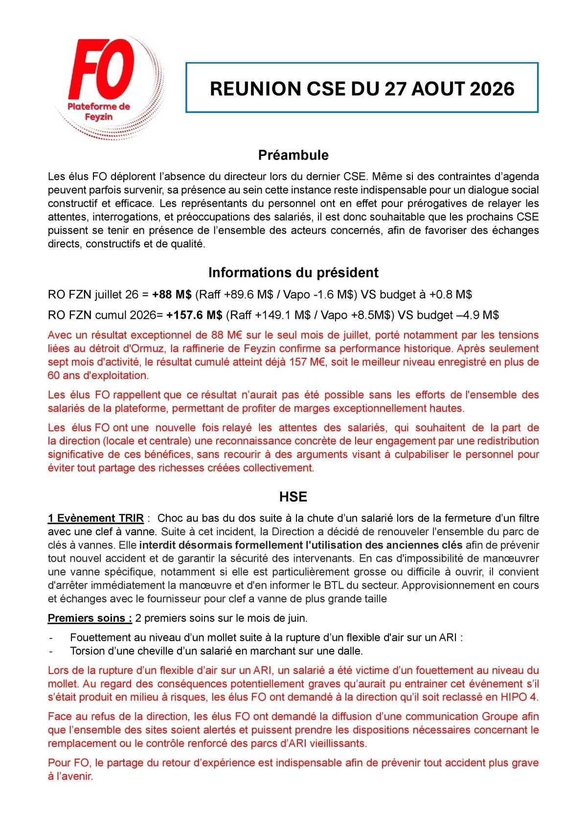 Tract CSE août 2026 et avis FO sur le bilan social 2025