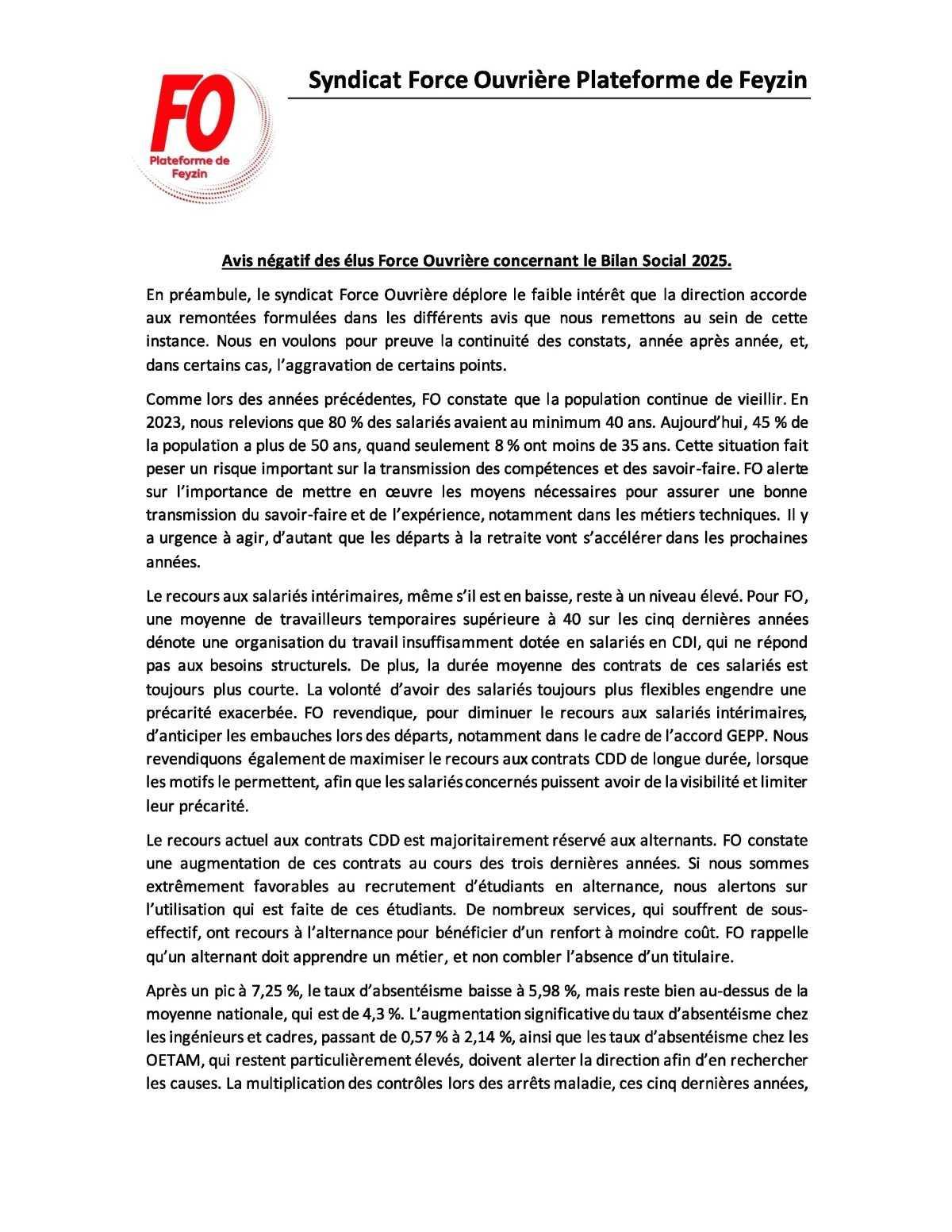 Tract CSE août 2026 et avis FO sur le bilan social 2025