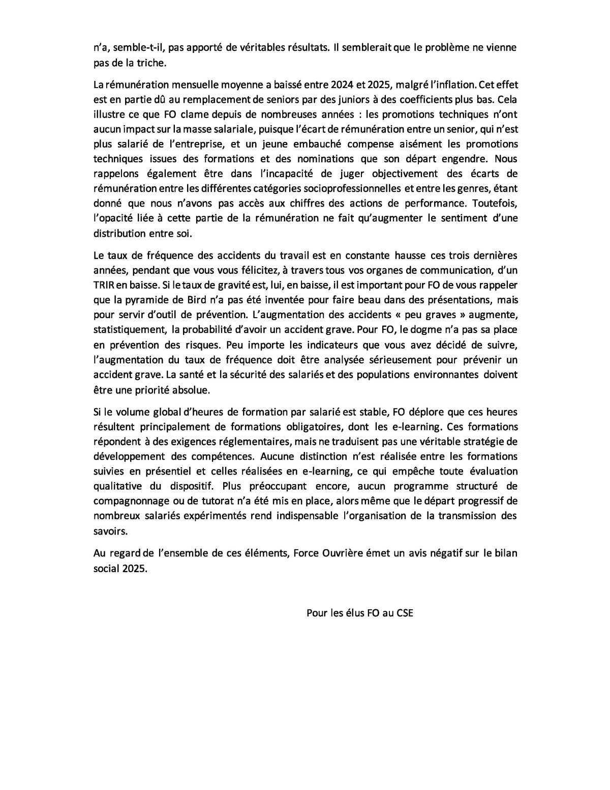 Tract CSE août 2026 et avis FO sur le bilan social 2025