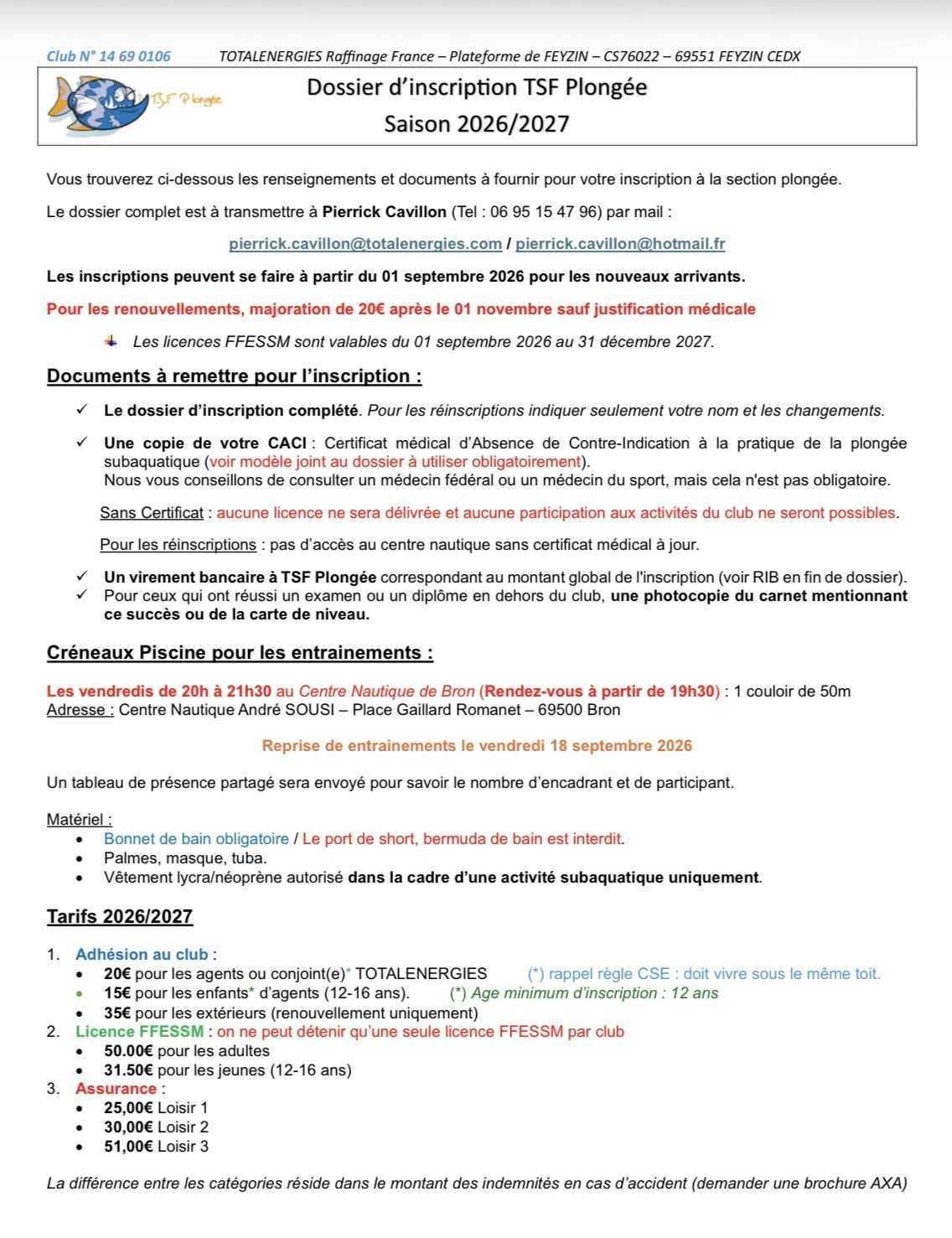 Section Plongée : Entraînement et Inscription pour la saison 2026 / 2027