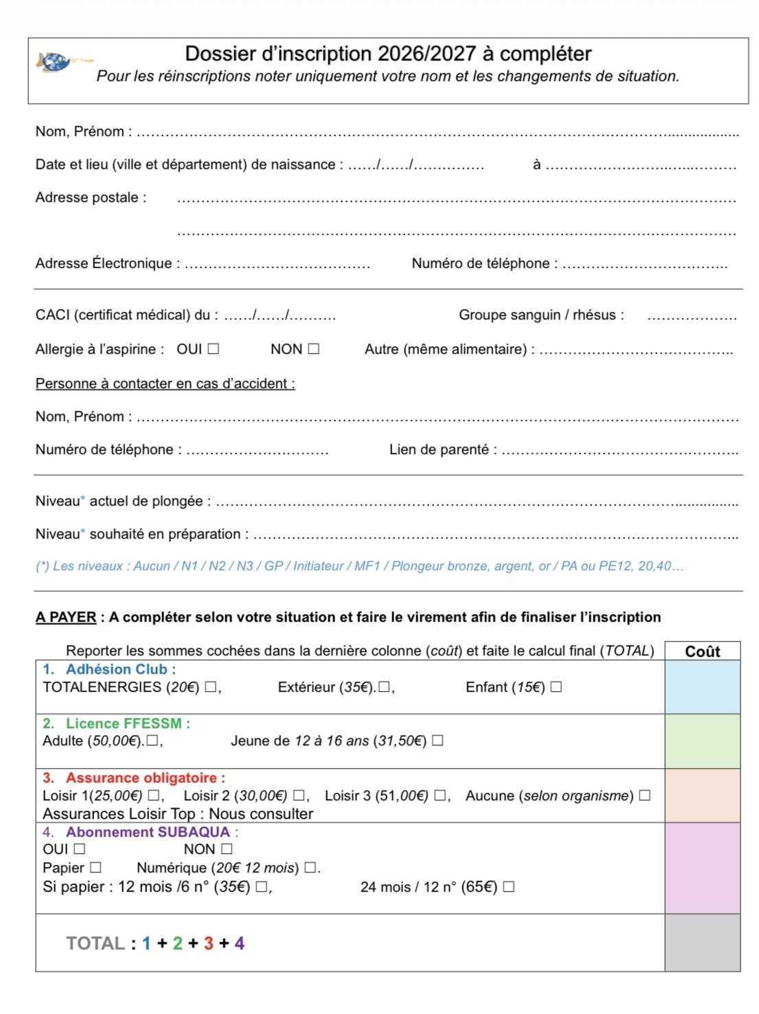 Section Plongée : Entraînement et Inscription pour la saison 2026 / 2027