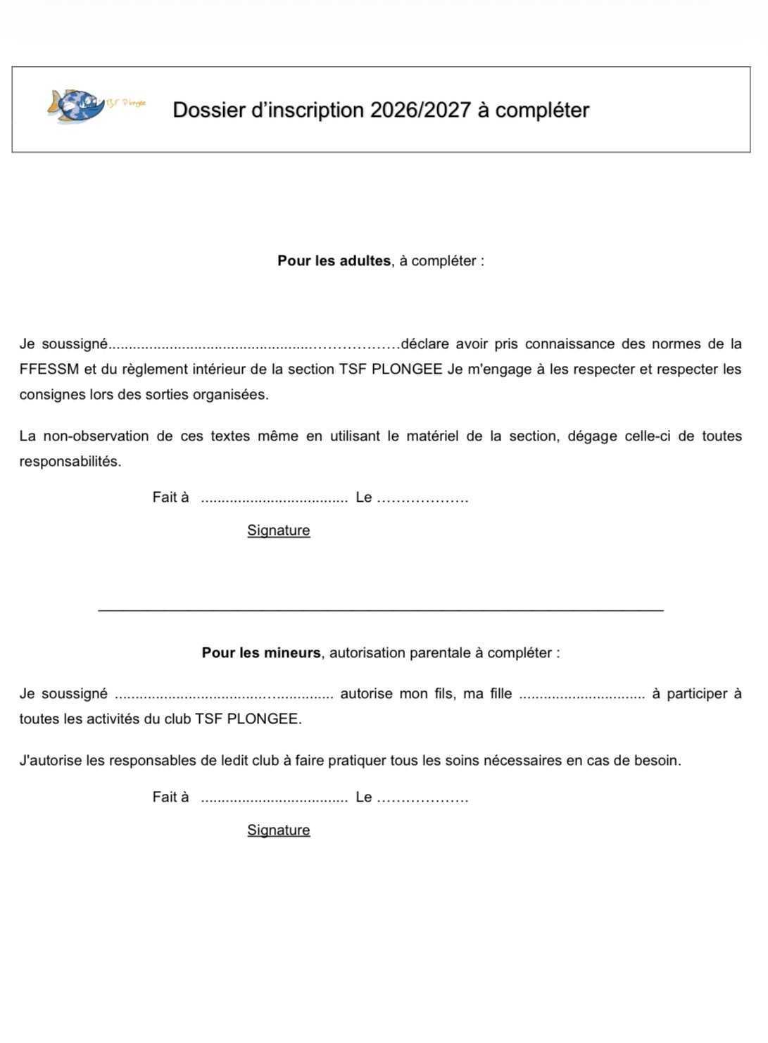 Section Plongée : Entraînement et Inscription pour la saison 2026 / 2027