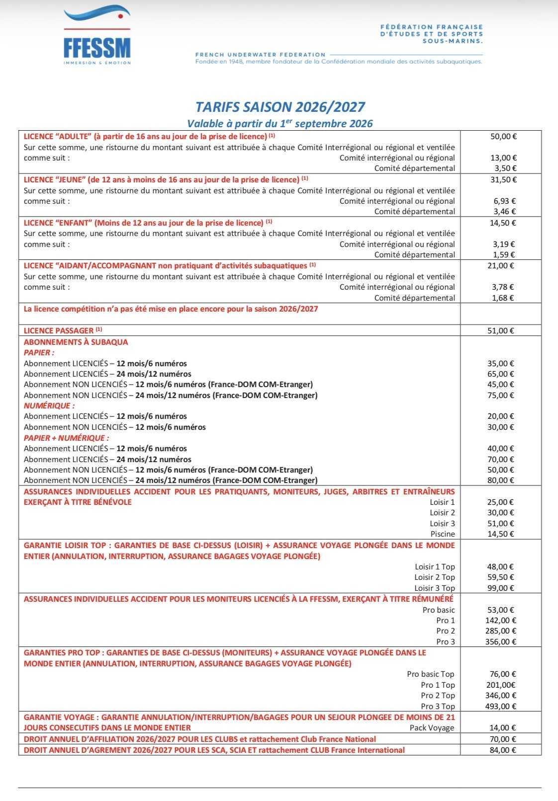Section Plongée : Entraînement et Inscription pour la saison 2026 / 2027