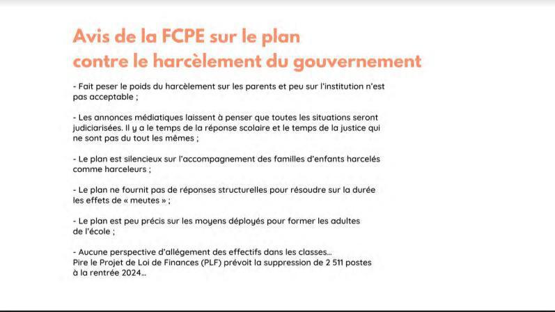 L'avis et les demandes de la FCPE concernant le harcèlement