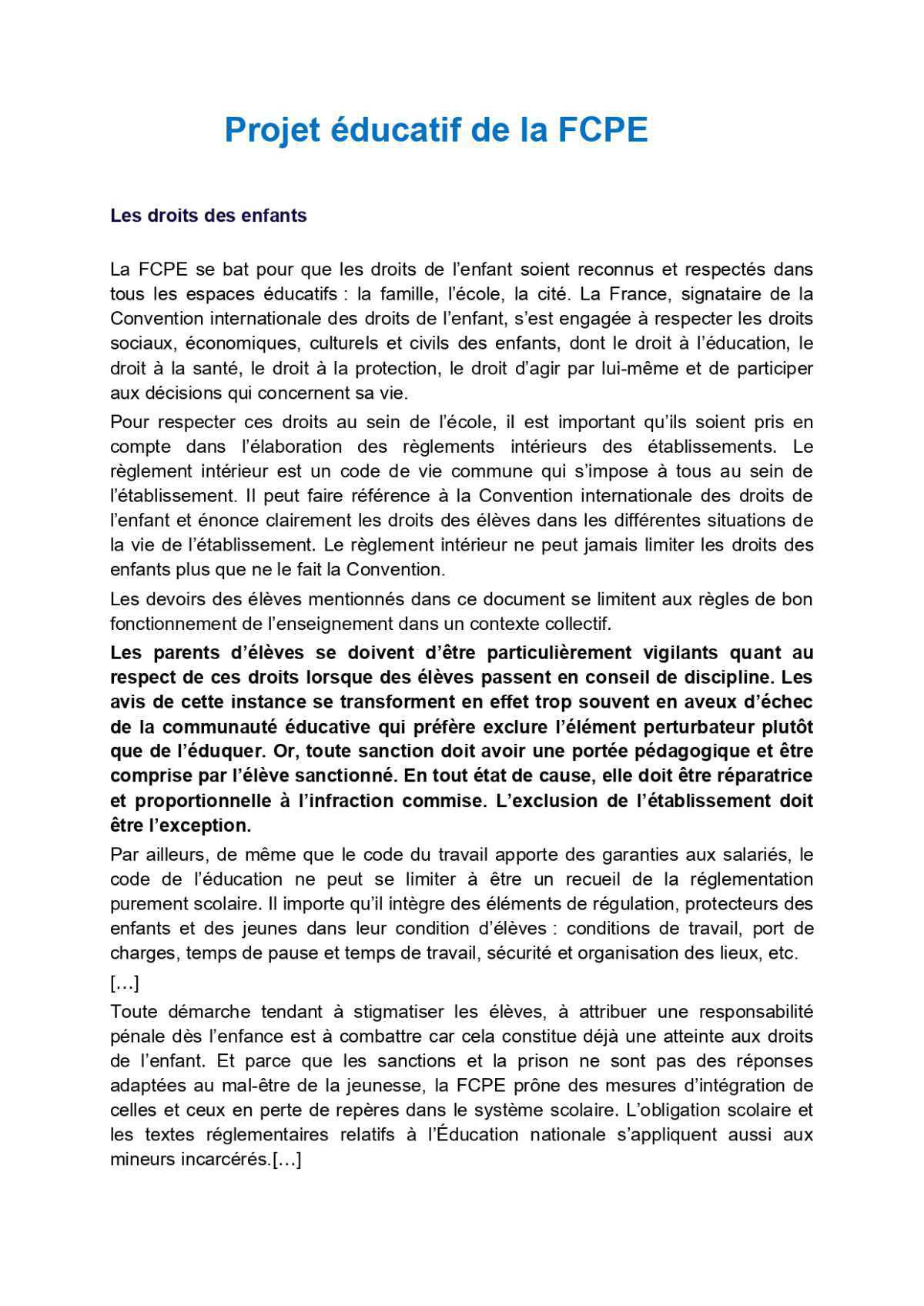 Projet Educatif FCPE et ressources conseils de discipline