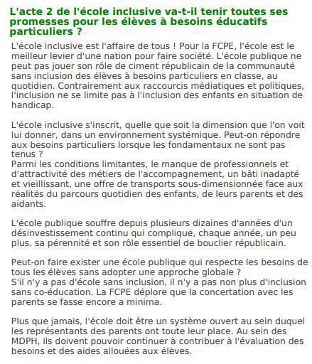 Elèves à besoins éducatifs particuliers: la FCPE communique