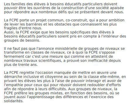 Elèves à besoins éducatifs particuliers: la FCPE communique