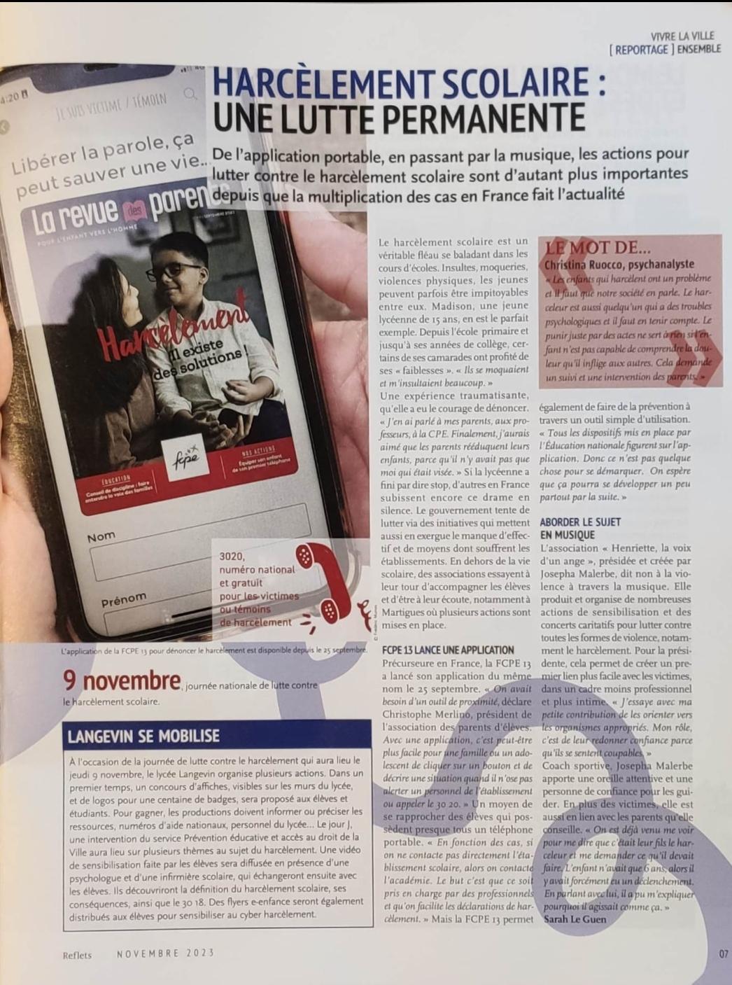 Harcèlement scolaire: article dans reflets