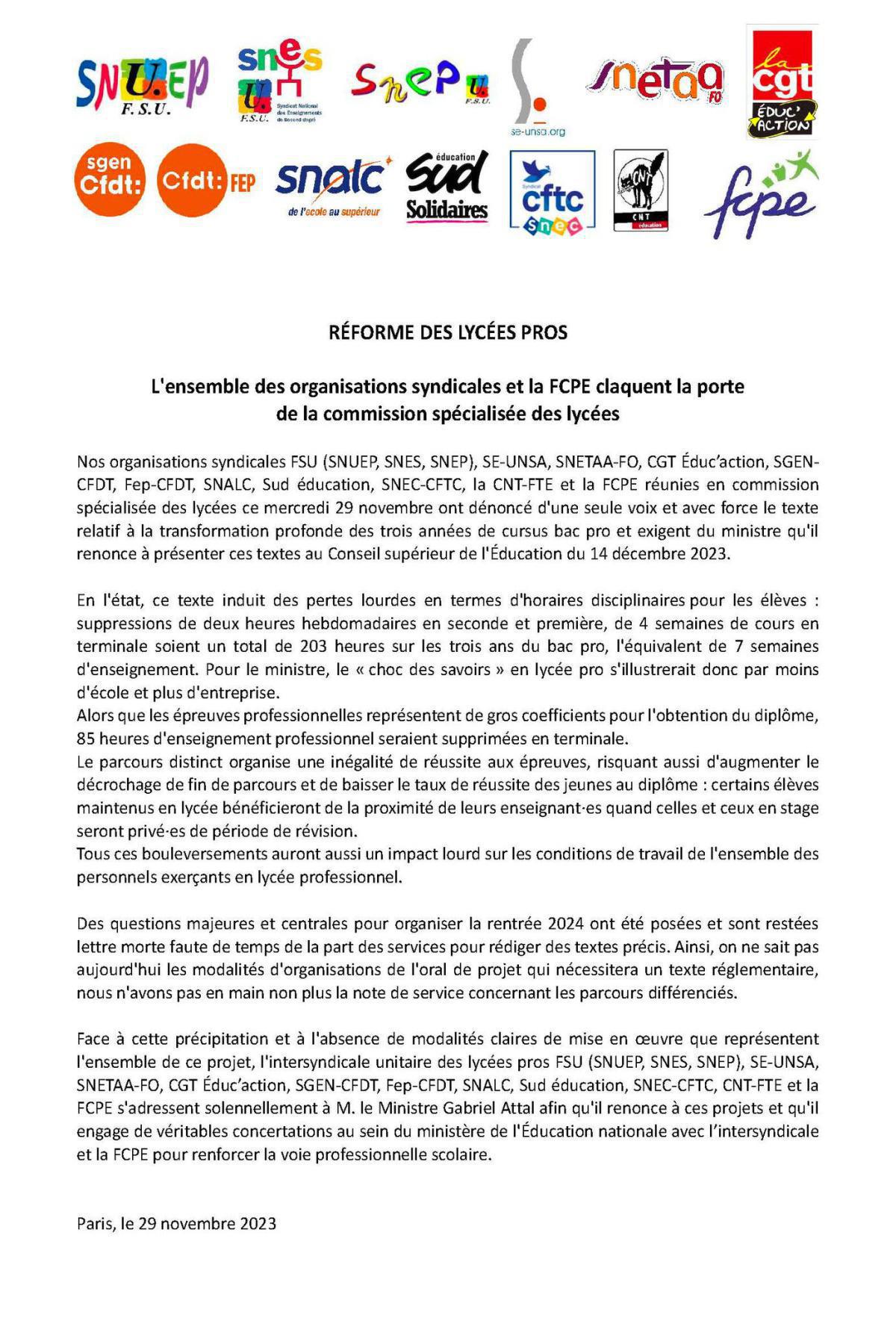 Réforme des lycées pros: la FCPE communique