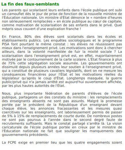 Communiqué de presse FCPE suite au propos de la Ministre