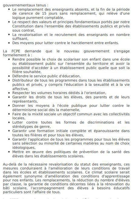 Communiqué de presse FCPE suite au propos de la Ministre