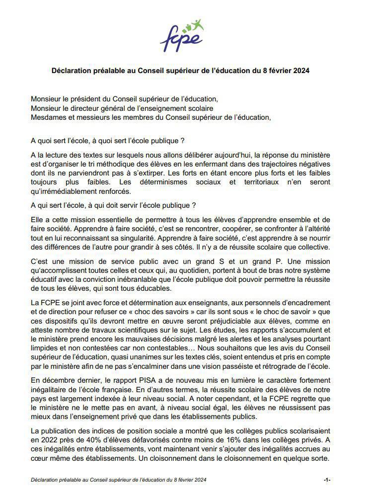 "choc des savoirs" déclaration de la FCPE au Conseil Supérieur de l'Education Nationale et modèle de motion pour vos CA