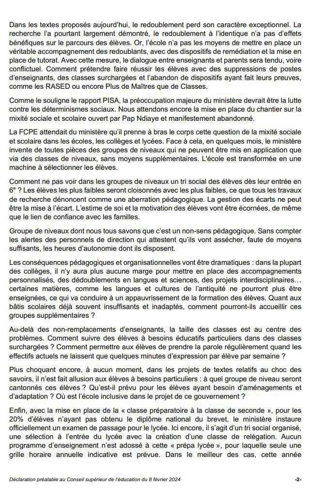 "choc des savoirs" déclaration de la FCPE au Conseil Supérieur de l'Education Nationale et modèle de motion pour vos CA