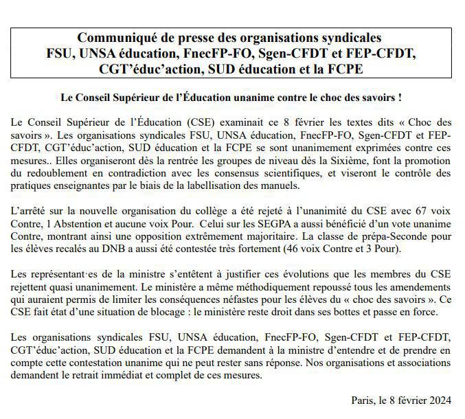 "choc des savoirs" déclaration de la FCPE au Conseil Supérieur de l'Education Nationale et modèle de motion pour vos CA