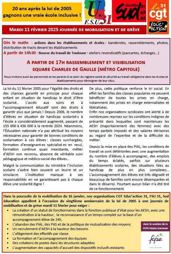 Pour défendre l'ECOLE INCLUSIVE, nous étions au côté des syndicats, mardi 11 Février