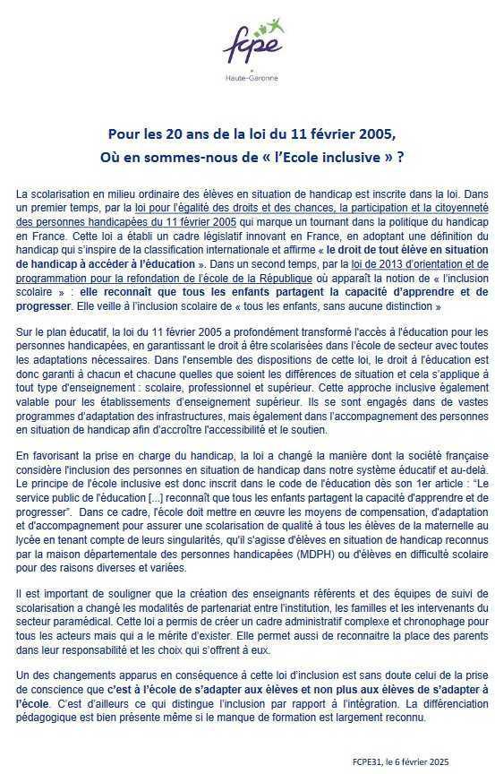 Pour défendre l'ECOLE INCLUSIVE, nous étions au côté des syndicats, mardi 11 Février