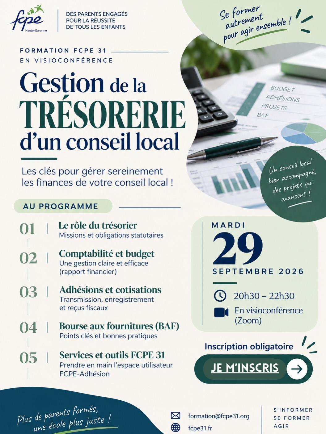 Formation du 29/09/26 : Trésorerie d’un conseil local FCPE 