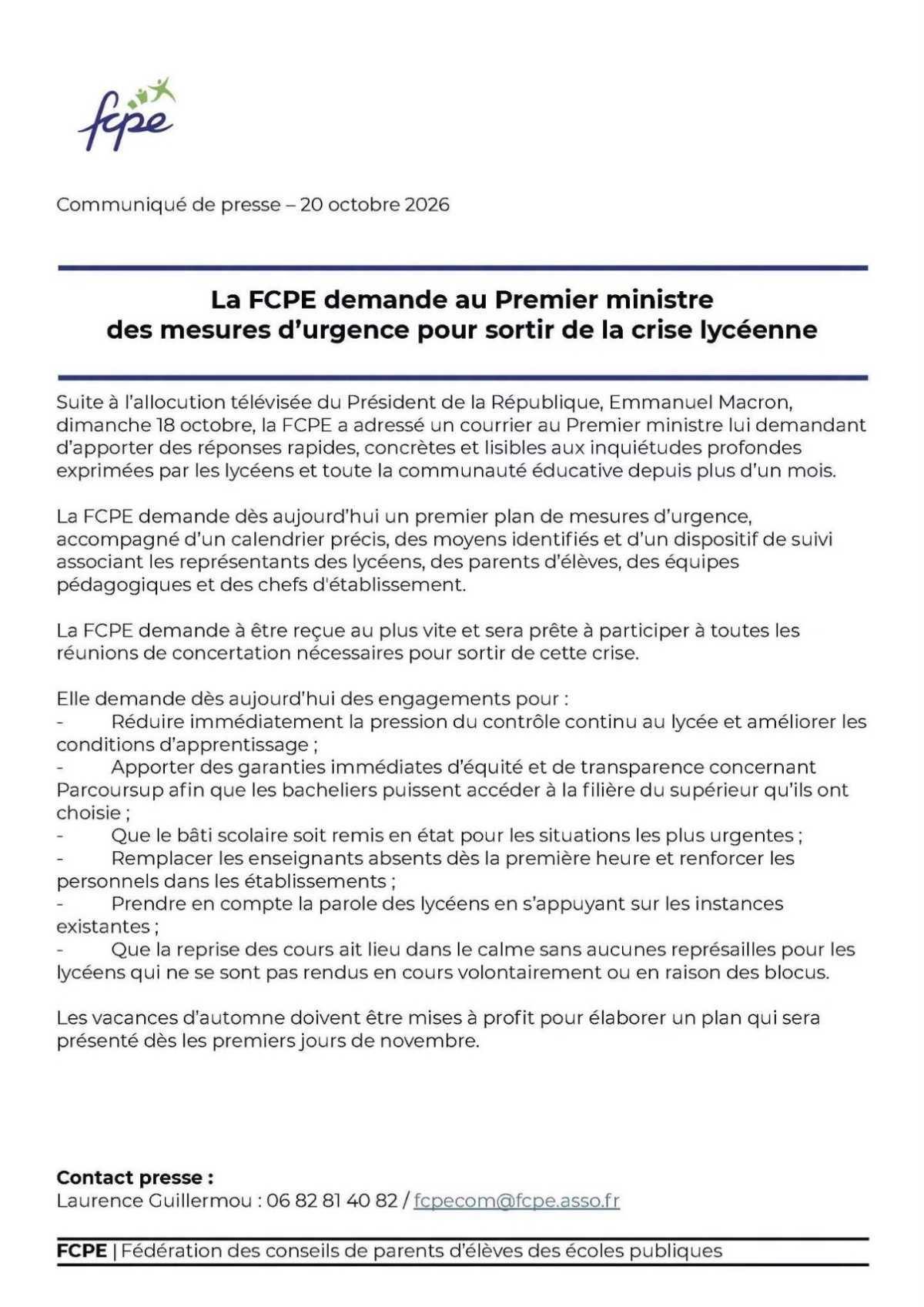 Communiqué de presse : mouvement Lycéen 