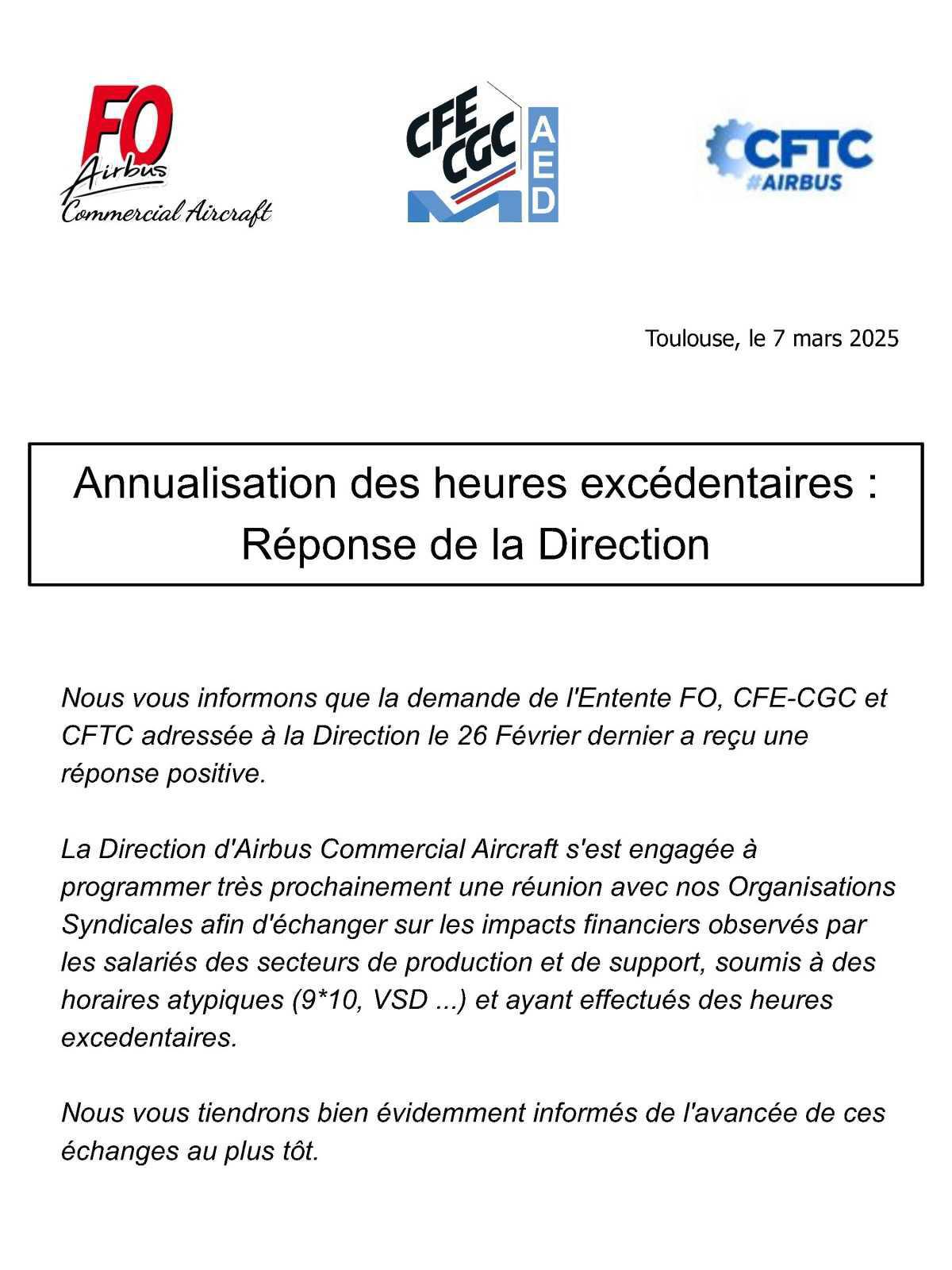 Application de RELOAD sur les heures excédentaires - Réponse de la Direction