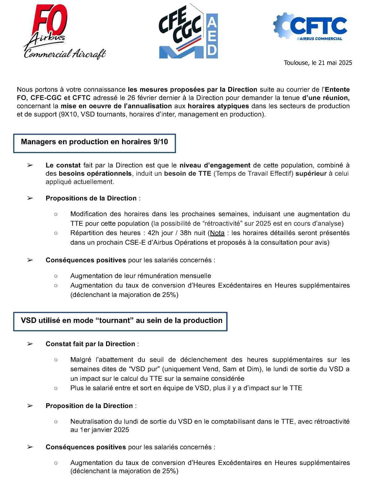 TRACT ENTENTE CFTC-CGC-FO Annualisation des heures excédentaires