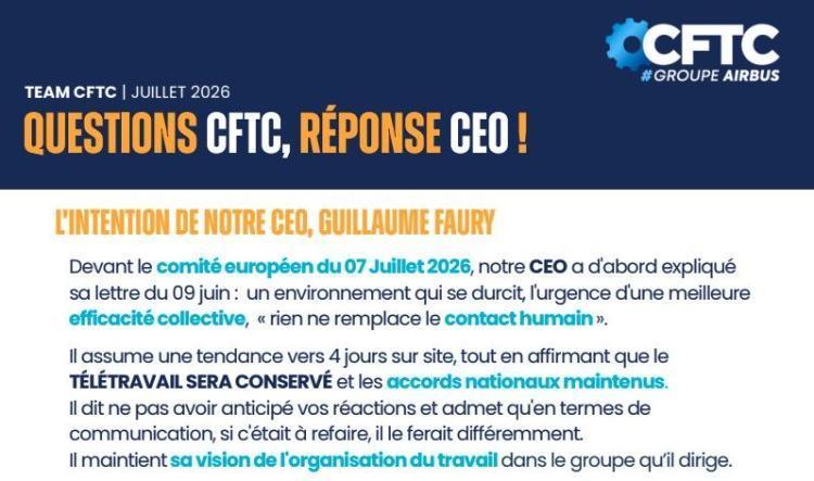 🔵 CFTC - TÉLÉTRAVAIL SEWC - questions CFTC, réponses CEO