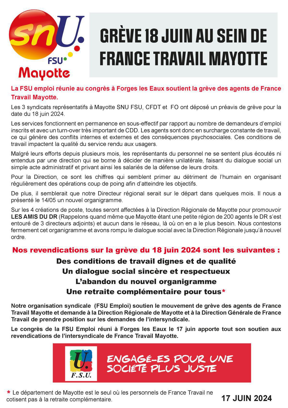 Grève du 18 juin 2024 des agents de France Travail Mayotte.  Grève du 18 juin 2024 des agents de France Travail Mayotte.